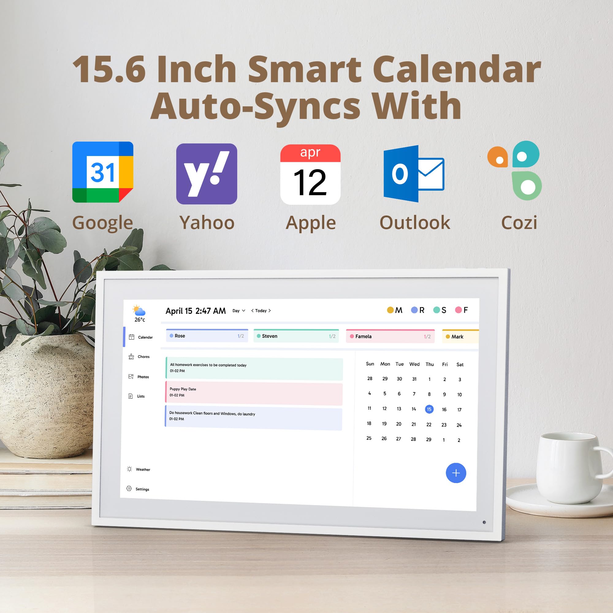 Dragon Touch 15.6 Zoll Digitaler Kalender Wand FHD 1920x1080 Elektronischer Familienplaner 32GB Touchscreen Weiß