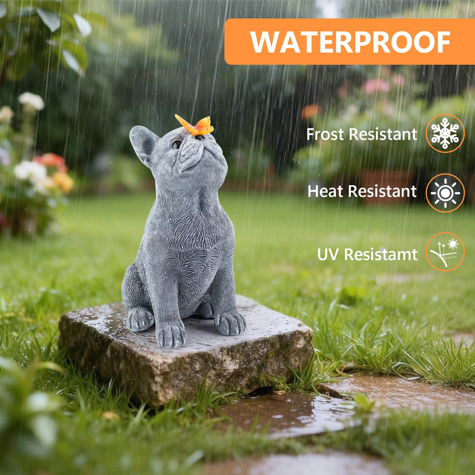 Statua a forma di cane con farfalla solare, simpatica statua da giardino a forma di bulldog francese, decorazione per esterni per cortile, prato, veranda, giardino in resina, decorazione per la