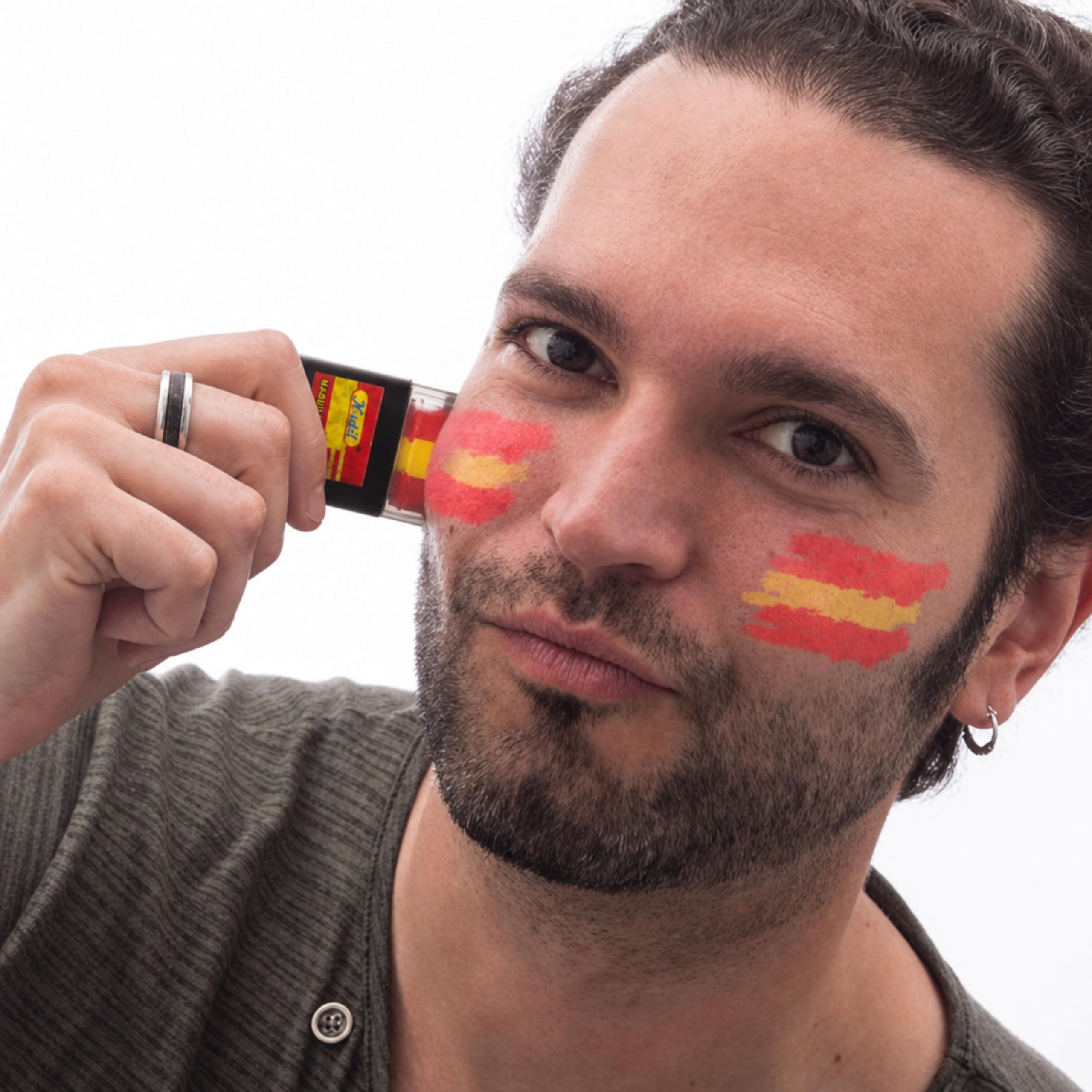 Kit Aficionado España con Bandera con Mangas y Pintacaras | Capa Bandera Española Grande + Maquillaje Bandera de España | Ideal para Fútbol, Peñas, Fan Zones y Eventos