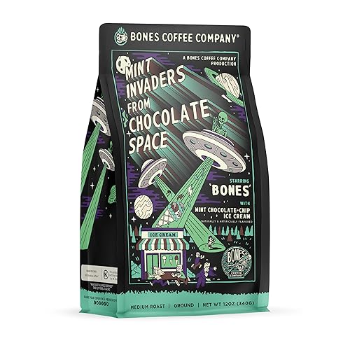 Bones Coffee Company - Café Mint Invaders, 12onzas de café saborizado de baja acidez y tueste medio, bebida de café gourmet (sabor a menta con