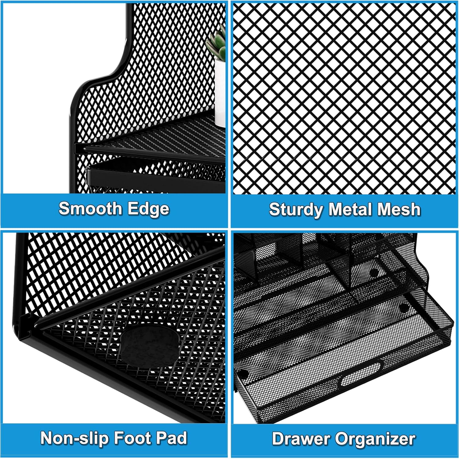 Desk Organizer with Drawer, Mesh Marker Pen Holder for Desk, 13 Compartments Stationery and Art Supplies Organizer, Office Accessories and Workspace Storage Rack, Black