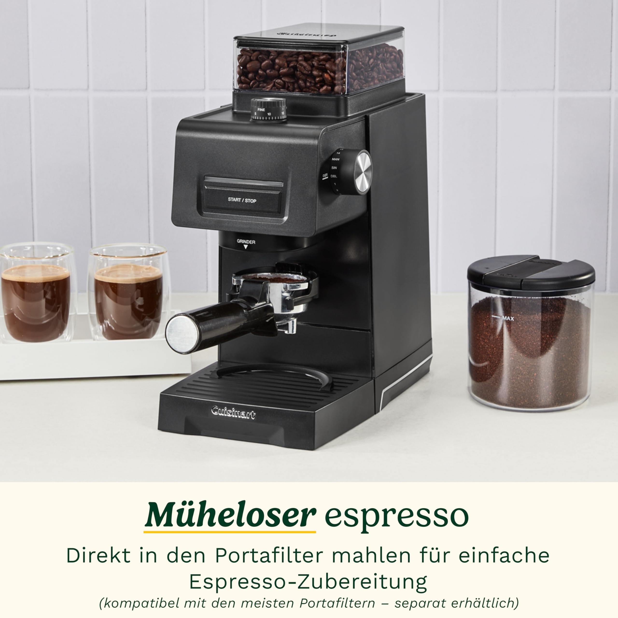 Cuisinart stożkowy młynek do kawy do espresso i kawy; 35 ustawień; zbiornik na ziarna 225 g z silikonową pokrywą; kompatybilny z portafiltrem; w zestawie łyżka i szczotka do czyszczenia