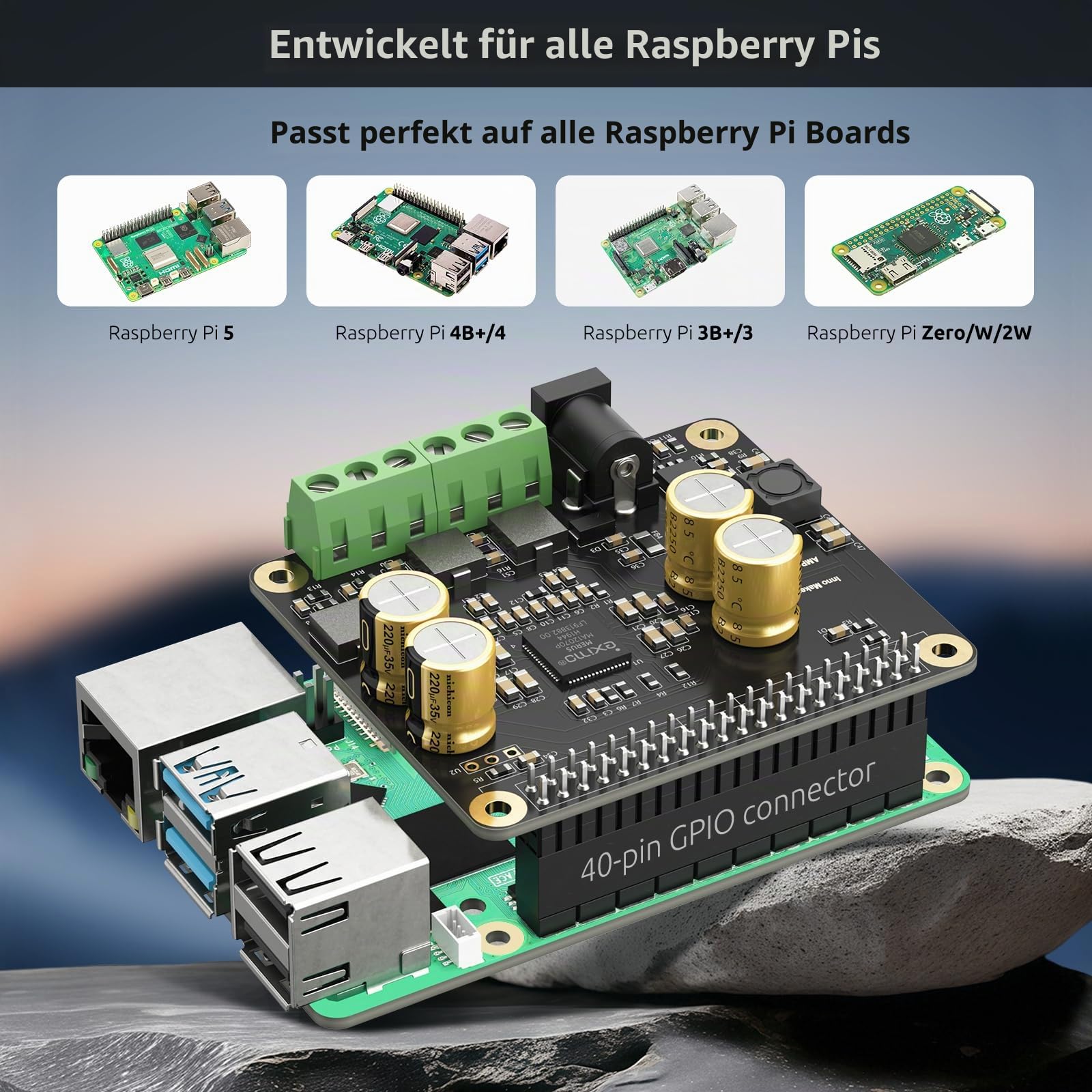 InnoMaker Audio-Verstärker 2x80W Spitzenausgang Klasse D HiFi AMP Pro Hat, mit 192 kHz/24 bit MA12070P, unterstützt Volumio, MoOde, Raspbian, LibreELEC für Raspberry Pi 5 4 3B+ Pi Zero