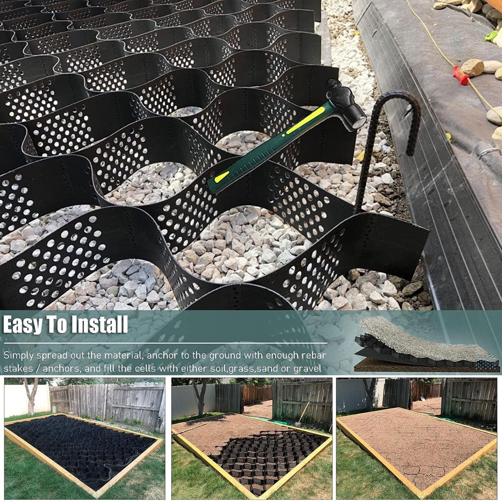 Griglia di stabilizzazione permeabile profonda, 5,1 cm, per giardini fai da te, vialetti, basi per veicoli leggeri, erba e ghiaia, dimensioni: 1 x 10 m