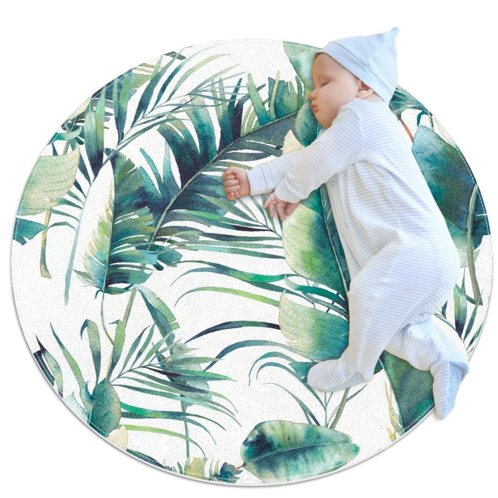 Tapis de salle de bain antidérapant rond 1m motif feuilles tropicales pour chambre