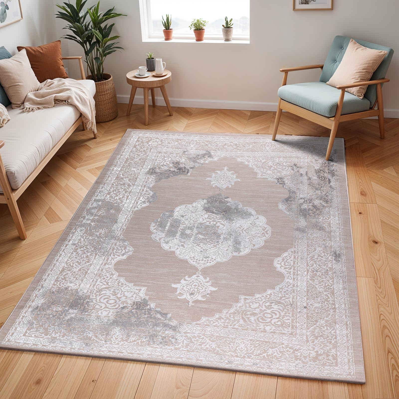 Livabliss Azra Tangier Vintage Indoor Carpet 200x275 cm, Living Room, Bedroom & Dining, Oriental Boho Style, Short Pile, Easy Care, Beige