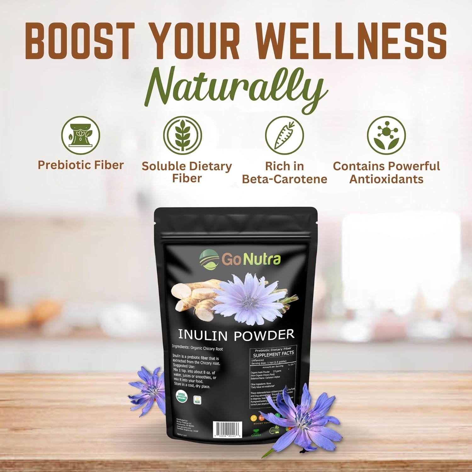 Go Nutra Inulin Powder Organic Chicory Root (FOS) - Soluble Inulin Fiber Prebiotic Natural Prebiotic Fiber Supplement | Intestinal Support Gut Health Vegan Keto Friendly 8oz. - Image 2