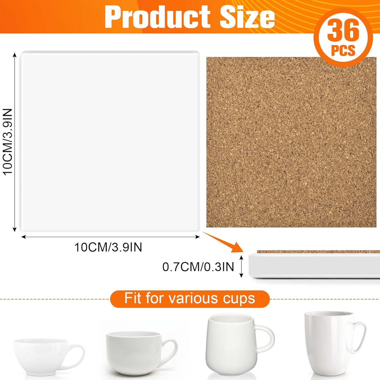 36 PCS Sublimation Coasters Blanks Ceramic Tiles Bulk 4x4 White Unglazed Glazed Ceramic Tiles for Crafts with 36 Cork Sticker Back, Square Coasters Sublimation for Heat Transfer DIY Painting