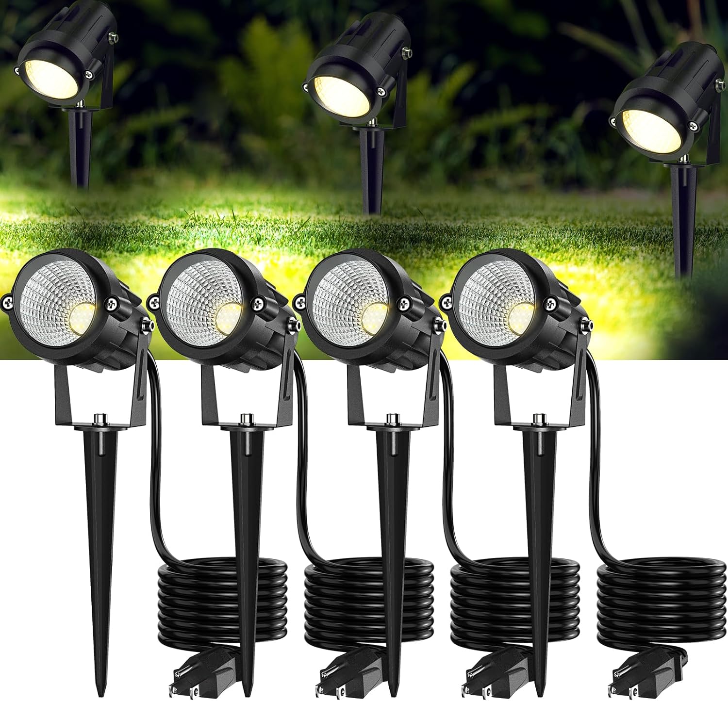 High Brightness 1000LM Outdoor Spot Lights for Yard, 3500K Warm White Spot Lights Outdoor with 4.9FT Electric Cord, 10W LED IP66 Waterproof Landscape Spotlights for Garden Tree Flag - 4 Pack