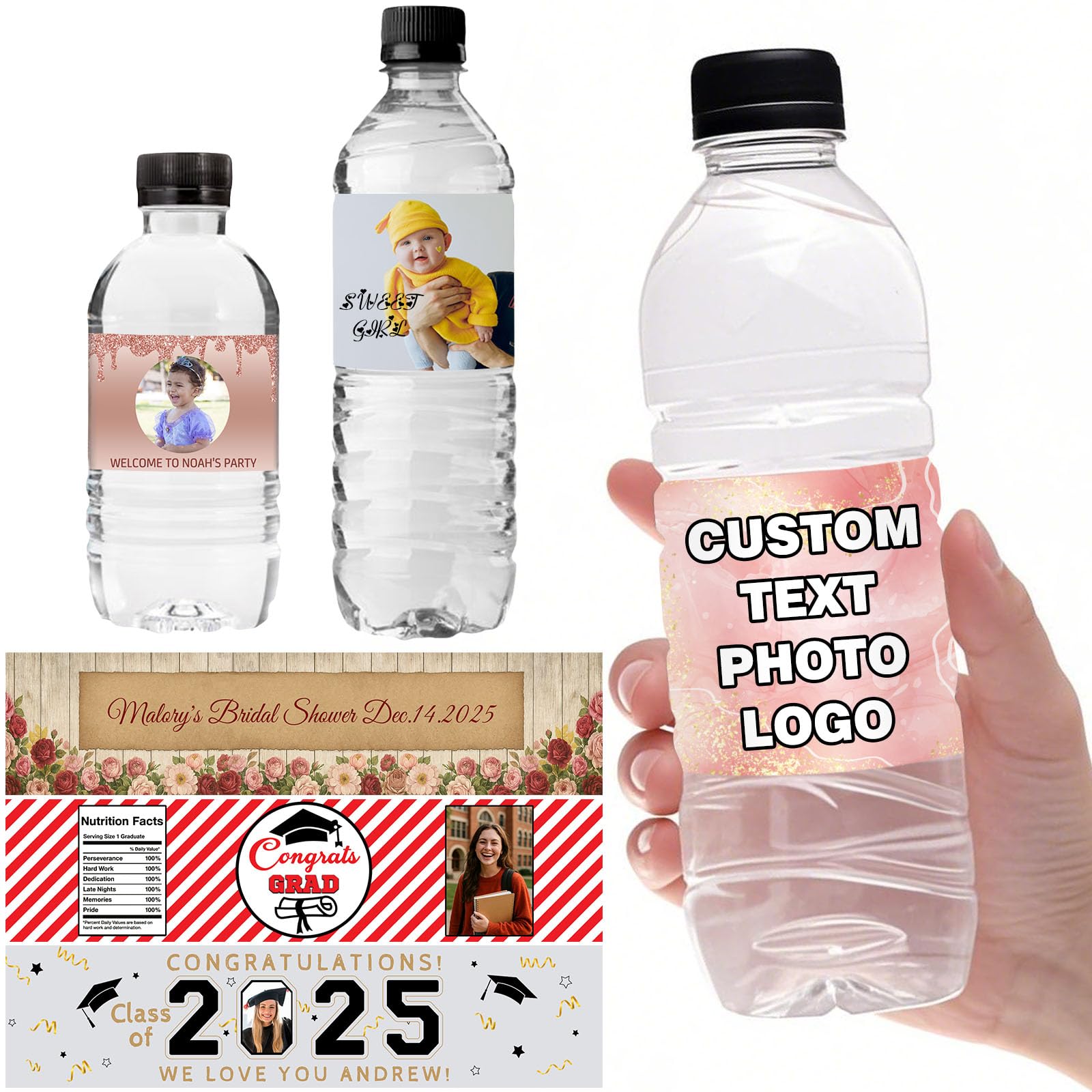Up to 500 Personalized Water Bottle Labels Custom Waterproof Bottle Wrapper Sticker Printable Name Photo Logo Customized for Business Weddings
