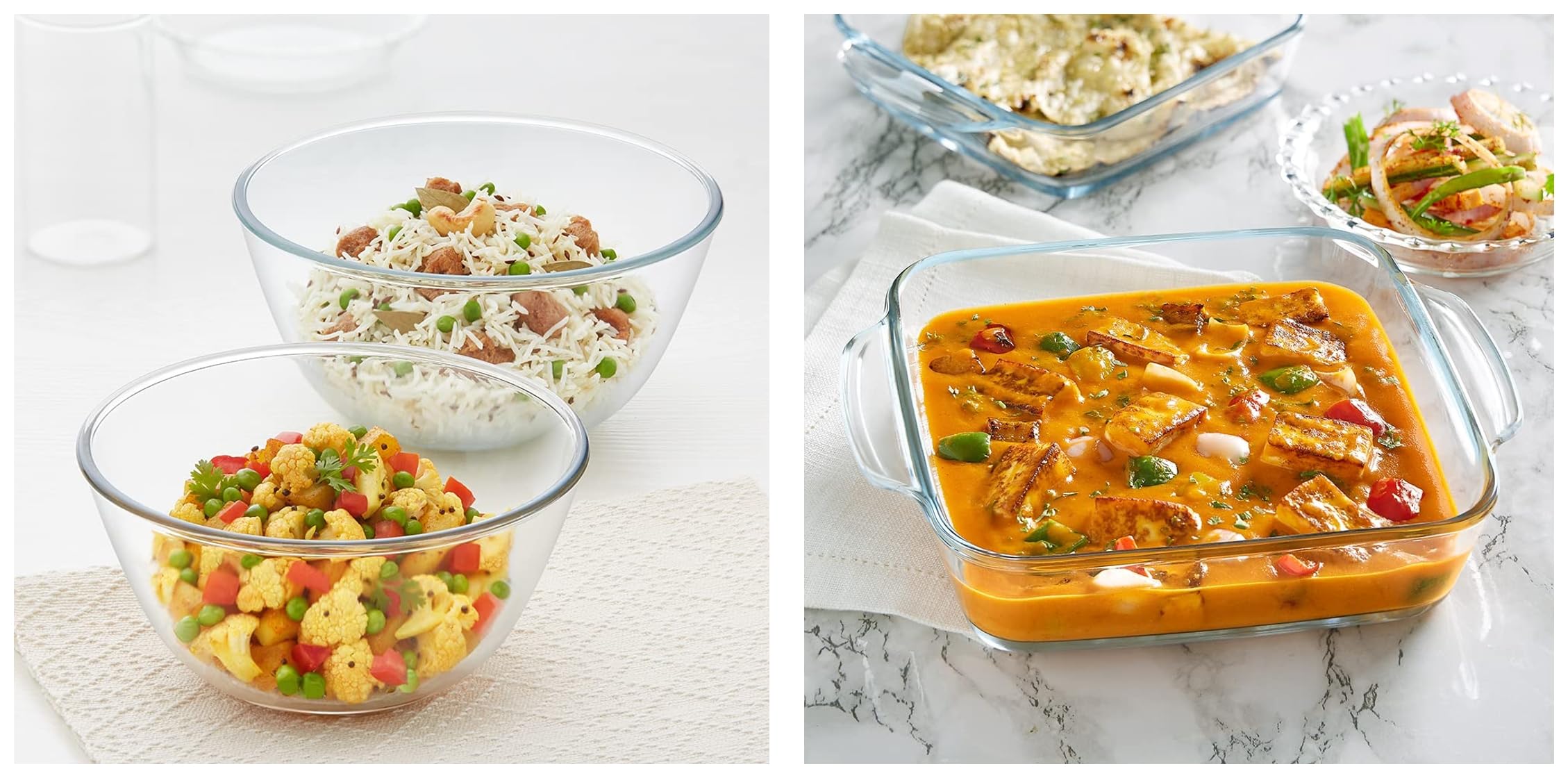 Borosil Glass Mixing & Serving Bowls, Oven & Microwave Safe Bowls, Set of 2, (1.3 L, 1.7 L), Borosilicate Glass, Clear Glass Baking Dish, 1.6 L, Transparent, 1 Piece Square Dish with Handle