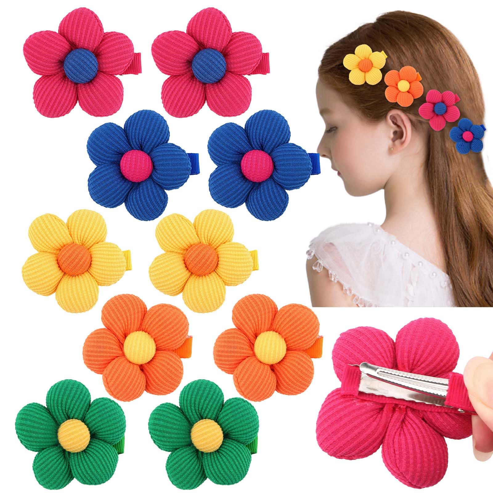 CAVETEE 10PCS Flower Hair Clips for Women & Girls, Colorful Knitted Floral Hair Barrettes, Cute Hair Accessories (Yellow/Orang/Gereen/Hot pink/Blue, one size)