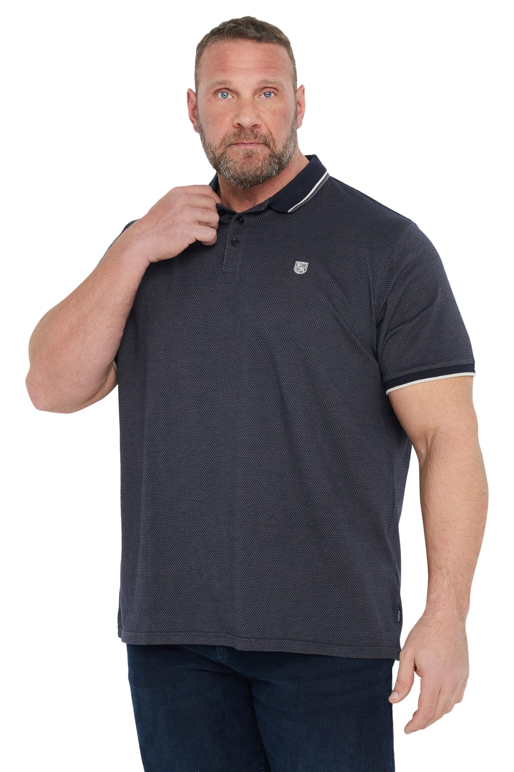 Badrhino Men's Navy Big & Tall Blue Textured Waffle Polo Shirt - Plus Size Curve