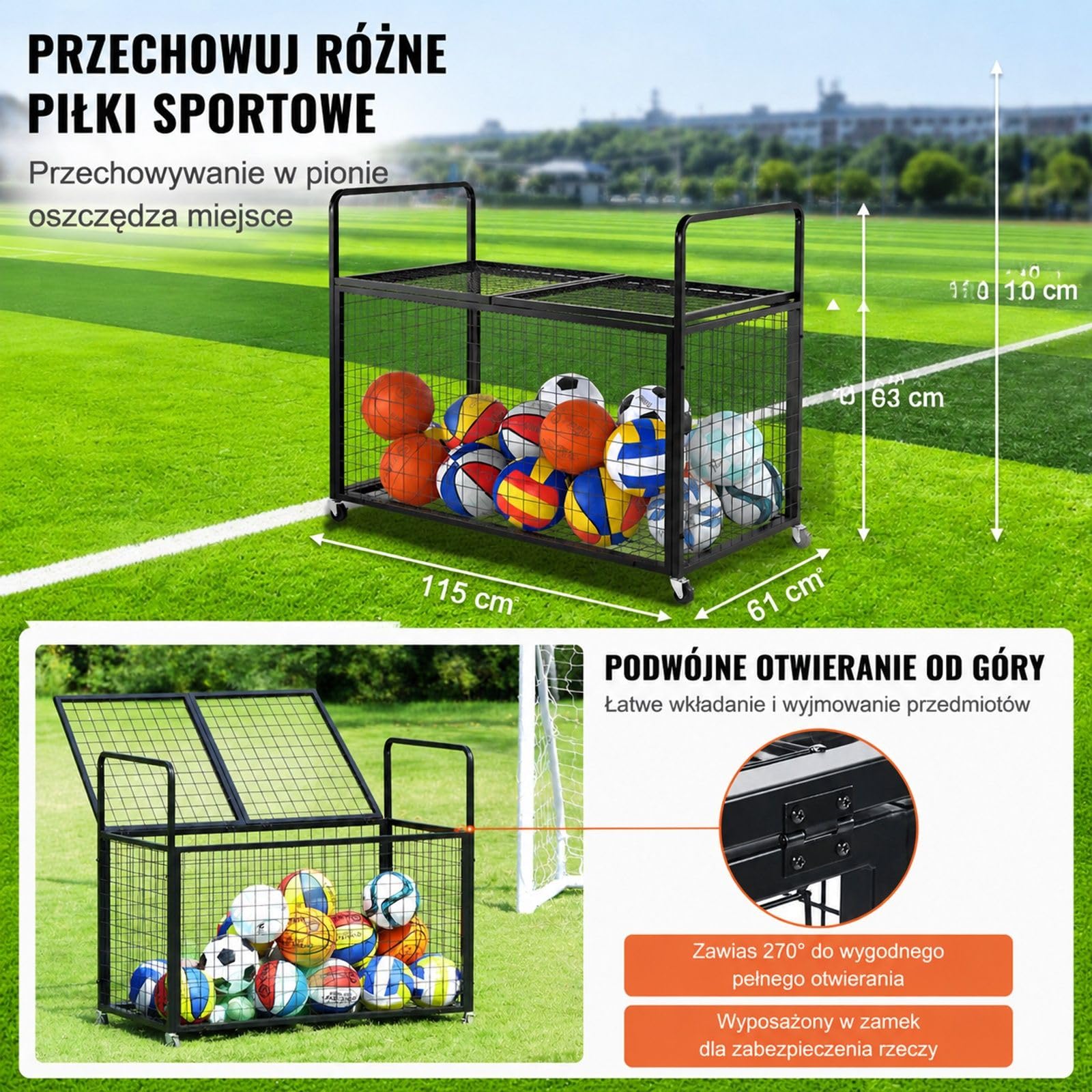 Wózek do Przechowywania Piłek Sportowych, Zamykany Organizer ze Stali Węglowej z Podwójną Górną Pokrywą do Garażu