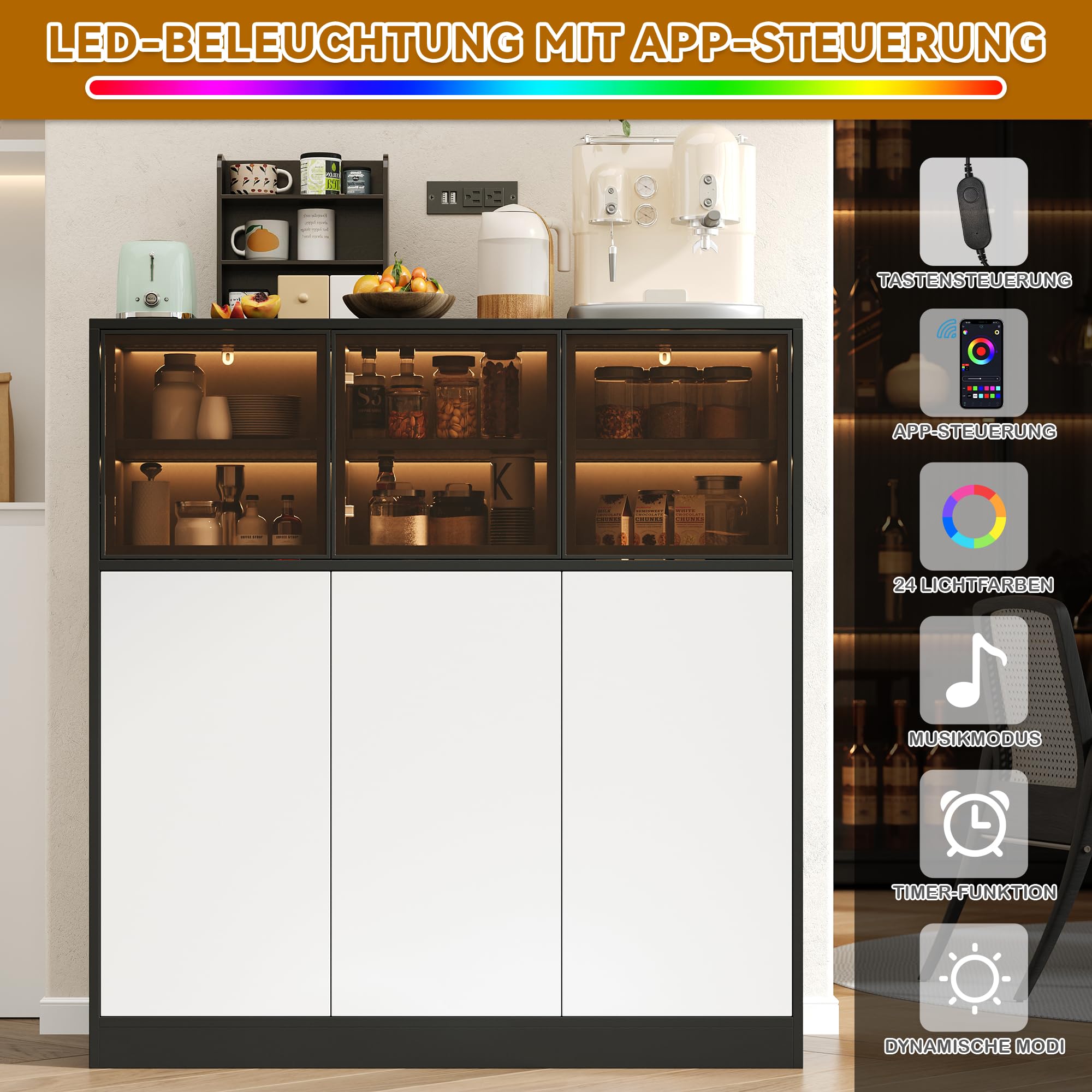 Credenza con illuminazione a LED e 3 ante in vetro, 100 cm, colore nero/bianco, 6 ante e 14 scomparti, con sistema di sicurezza ribaltabile, per soggiorno, cucina e sala da pranzo