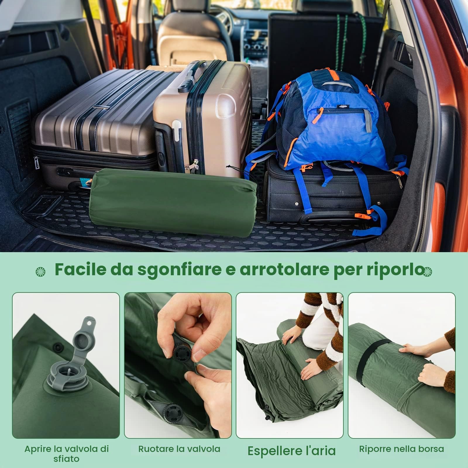 KOMFOTTEU Materassino da Campeggio Autogonfiabile 2 Persone con Cuscino | Materassino Portatile Pieghevole per Dormire all'Aperto, Impermeabile per Escursioni, 190x130 cm, Verde