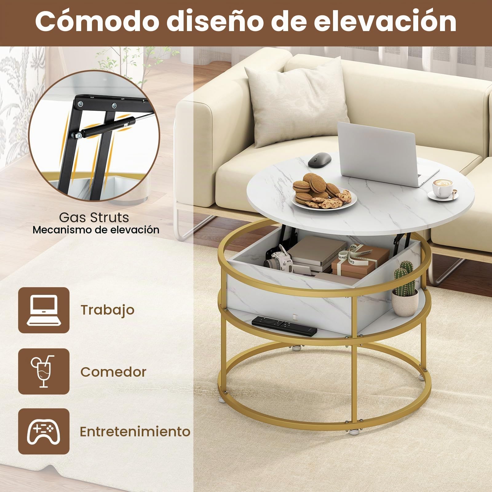 GIANTEX Mesa de Centro Redonda con Tablero Elevable, Aspecto de Imitación de Mármol y Espacio de Almacenamiento Oculto, 80 x 80 x 49 cm, Mesa Auxiliar para Salón, Oficina