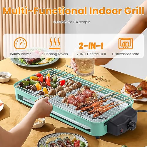 Miniatura 6 de Parrilla eléctrica para interiores, parrilla eléctrica 2 en 1 de 1500 W con red de parrilla y placa extraíble de cocina antiadherente, parrilla de