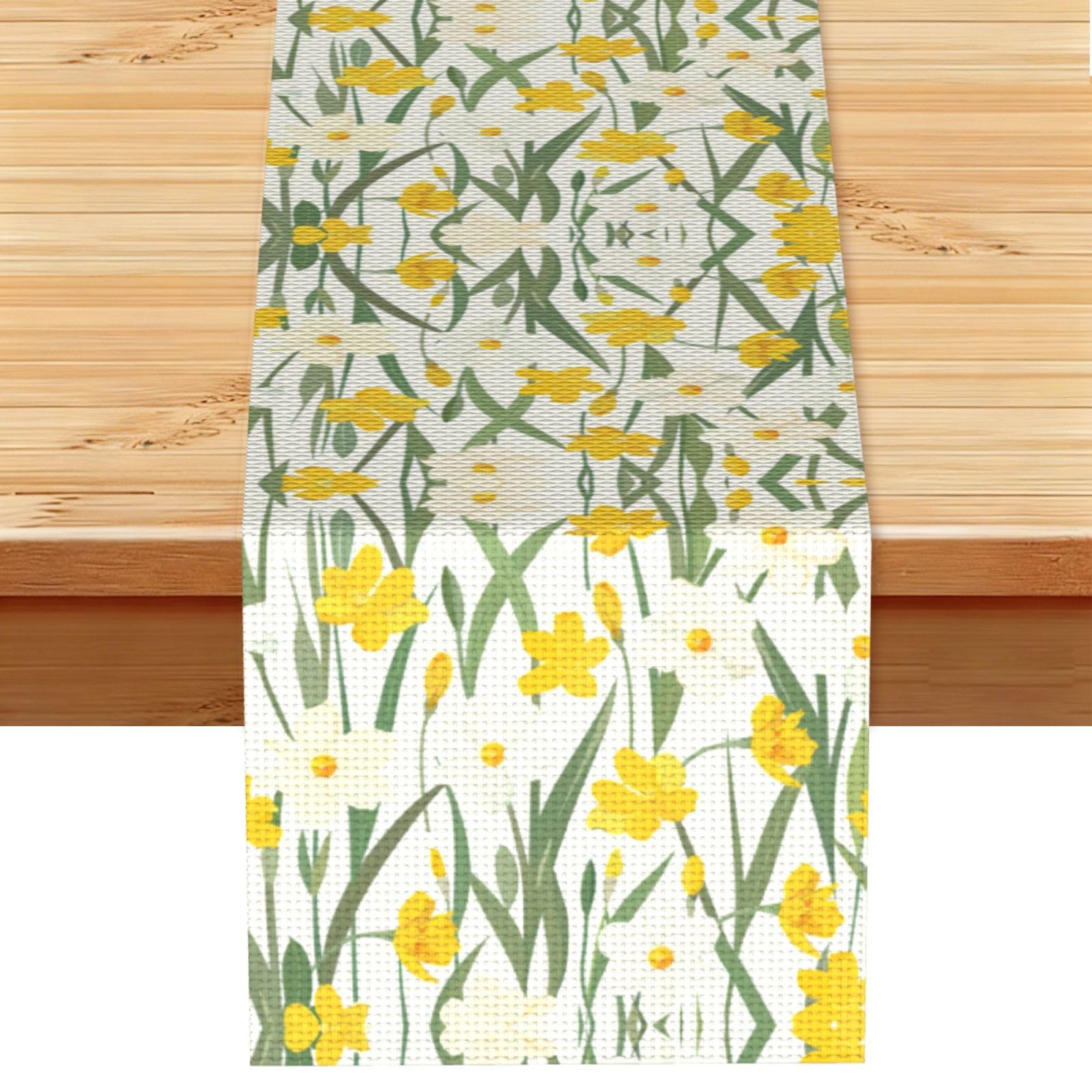 Cute Yellow White Daffodil Printed Table Runner 13 x 72, Wrinkle Resistant Decor for Dining Table Coffee Table Fireplace