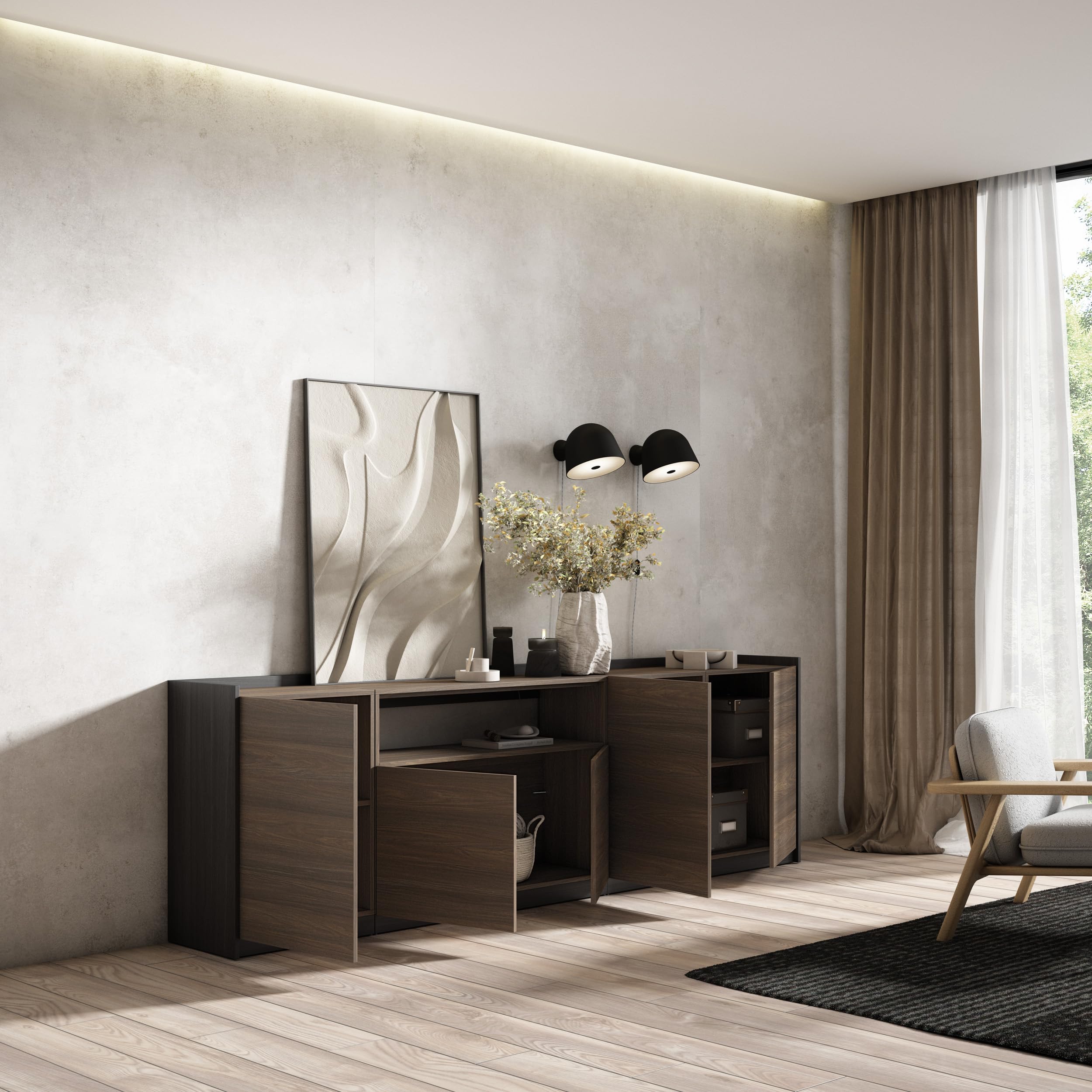 Skraut Home | Buffet Salon et Cuisine | Meuble de Rangement, Commode | 260x80x37 cm | 5 Portes | Meuble Chaussure | Style Moderne | Chêne foncé et Noir