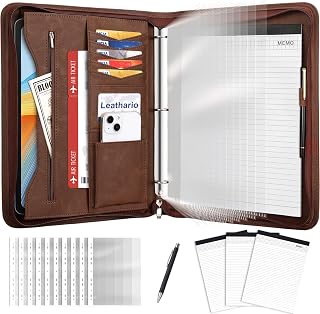 Leathario Portfolio Binder, Includes 10 Sheet Protectors and 3 Notepads, 3-Ring Folder Organizer, A4 Padfolio with Zipper, Vegan Leather Tablet Sleeve, Business Office Conference Clipboards