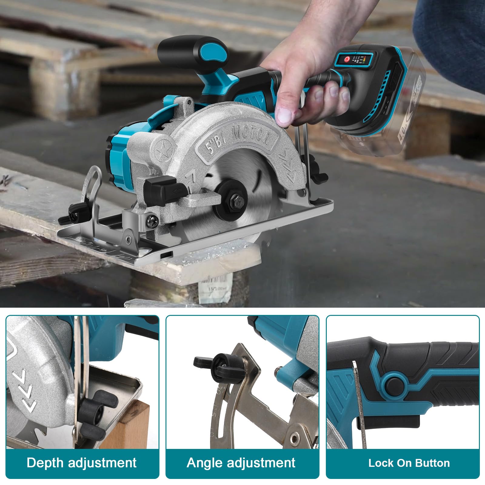 Sierra circular inalámbrica Compatible con la batería de litio Makita 18V, mini sierra circular sin escobillas con 2 hojas de sierra (125 mm), con corte diagonal, 6200 rpm, ideal para cortar madera