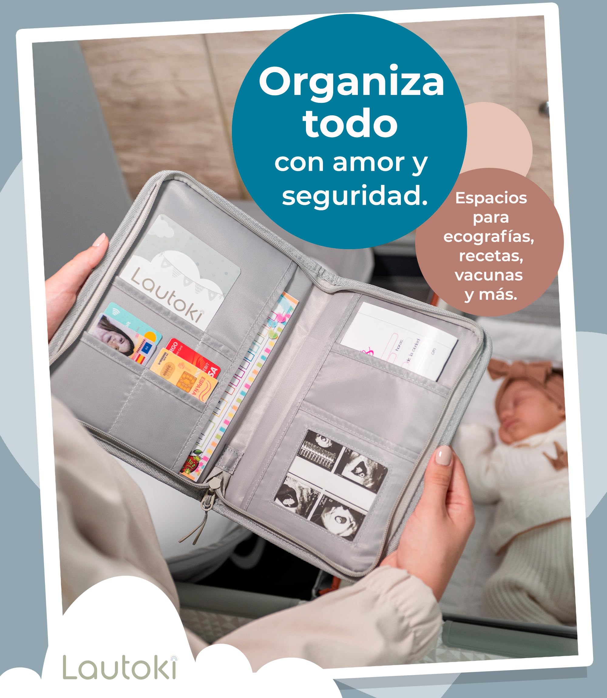 Portadocumentos Bebé Impermeable con Cremallera - Funda para Cartilla Sanitaria y Documentos del Bebé - 8 Compartimentos - 25 x 19,5 x 3 cm - LAUTOKI®