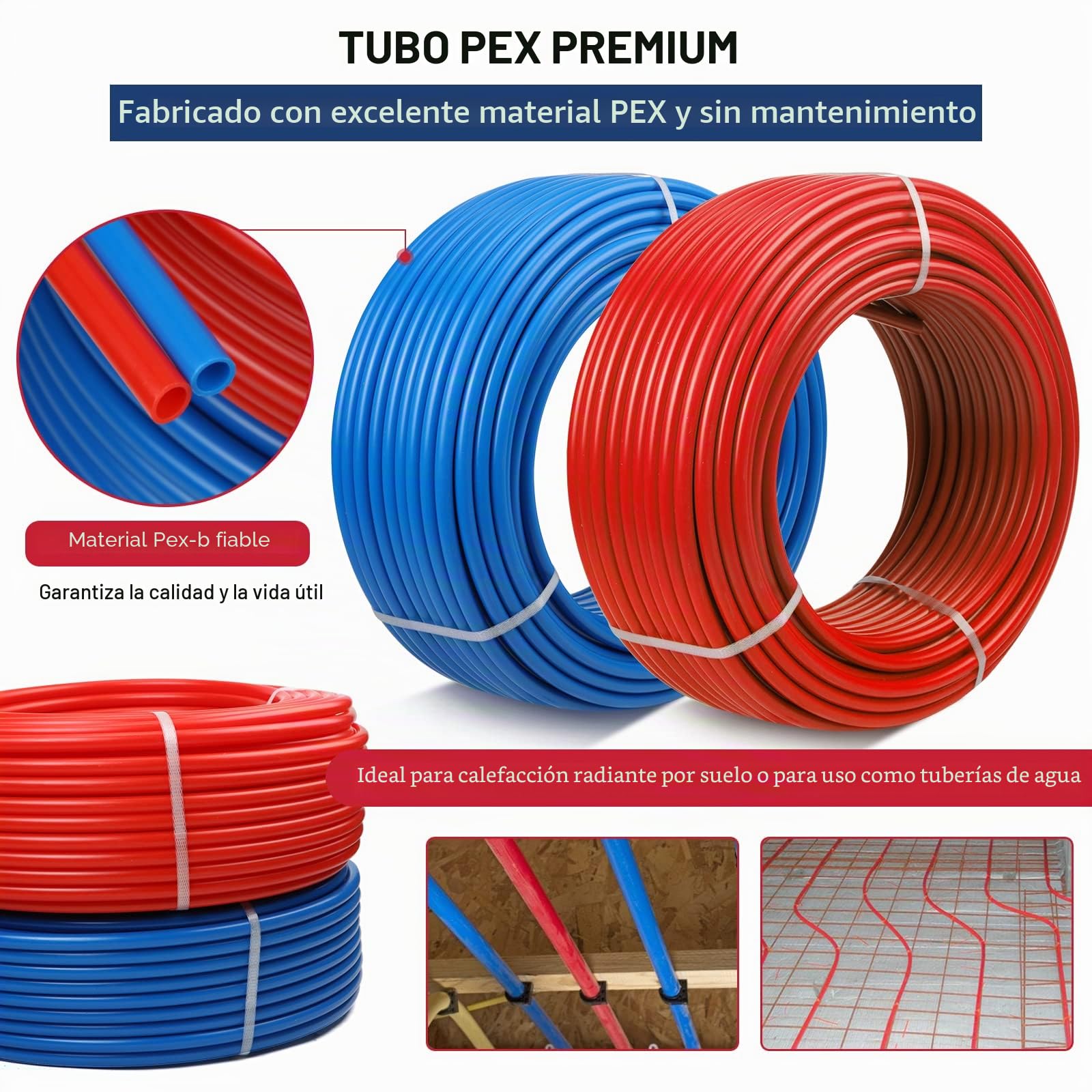 PEX Pipe - Tubo PEX de 1/2 pulgada, 100 pies, 2 rollos de tubos PEX EVOH Pex-B, barrera sin oxígeno, duradera, a prueba de fugas, flexible para líneas de agua residenciales en hogares, tubo de calor