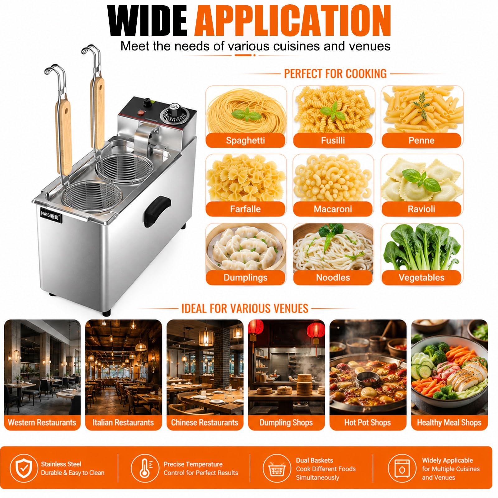 Cuocipasta Elettrico Cuocipasta Elettrico da Banco in Acciaio Inossidabile | Monitoraggio a Doppia Sonda Mantiene l'Acqua Stabile per Risultati Costanti in Cucine Commerciali Impegnative.