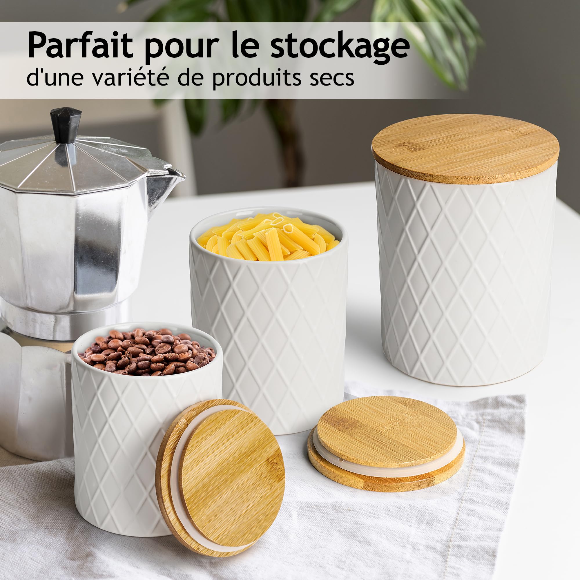 MIAMIO - Set 3 boîtes de conservation céramique - Palmanova (Blanc) | Boîtes en céramique avec couvercles en bois hermétiques pour café, thé, sucre, farine et sel