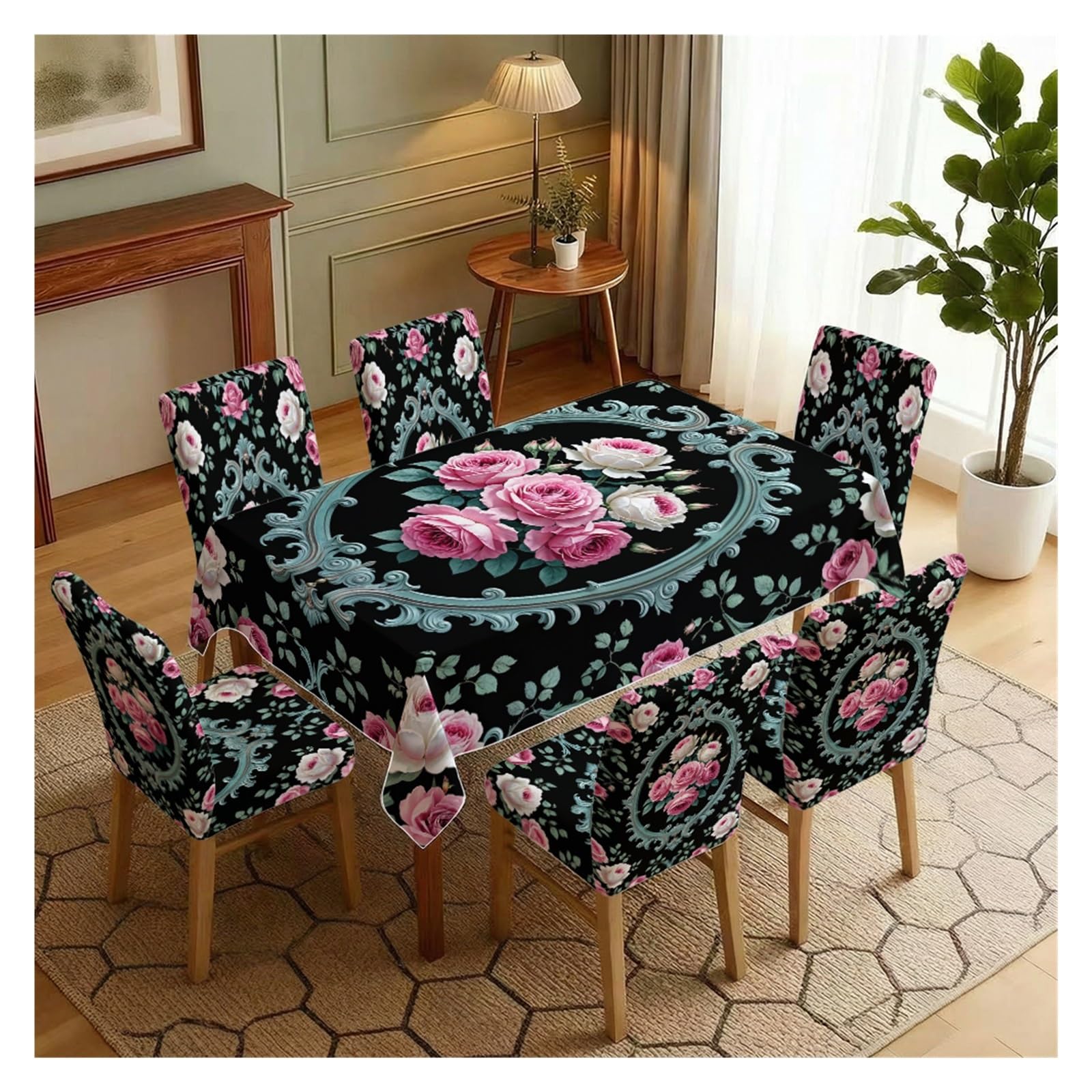 KXUAUV Black & Pink Rose Baroque Print Tablecloth & Chair Covers Set, Slipcovers For Dining Room, Kitchen, Gothic & Romantic Decor, 5/7 Pack Party Decor(7pcs Set: Tablecloth+Chair Covers)