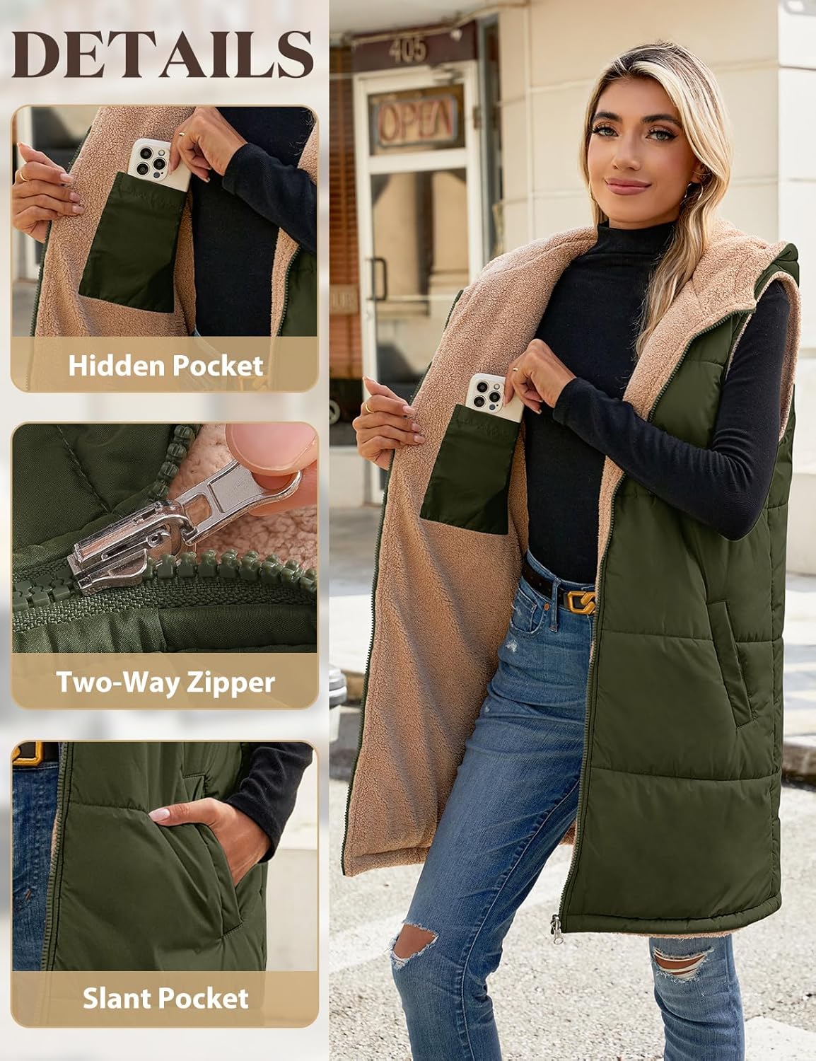Womens Long Puffer Vest Fall Sleeveless Fleece Vest Reversible Vests Zip Up Winter Coat Fleece Jacket Long Hoodie - Image 3