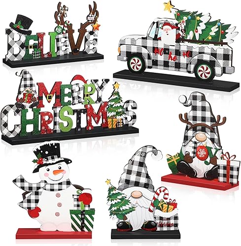 Capoda 6 piezas de decoración de mesa de Navidad, centros de mesa de Navidad, muñeco de nieve, Papá Noel, gnomo, letreros de mesa de Feliz Navidad