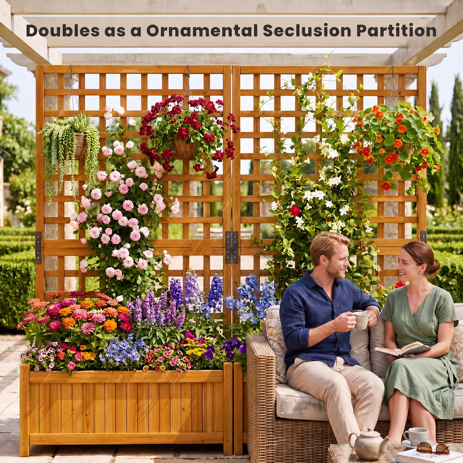 HOMASIS Blumenkasten mit Sichtschutz, Pflanzkübel mit Rankgitter, Pflanzkasten aus Holz, Hochbeet Pflanzgefäß Rankkasten Gartenspalier Rankhilfe für Balkon Garten Terrasse (Orange, 76x32x143cm)