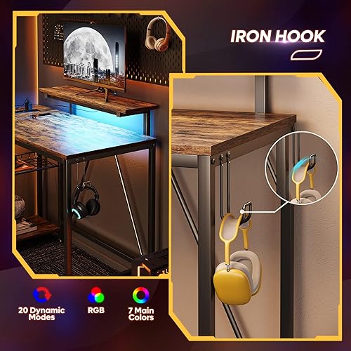 Miniatura 40 de Bestier Escritorio en forma de L de 58 L con tomas de corriente, escritorio esquinero para oficina en casa con estantes reversibles y luces LED,