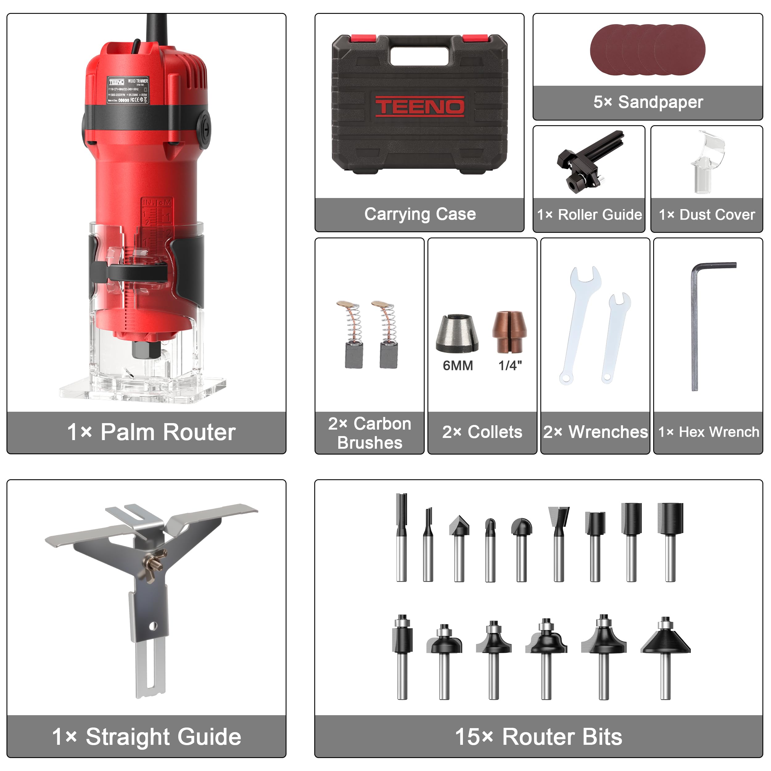 TEENO Défonceuse Affleureuse Électrique 800W 15000-32000 RPM Avec 32 Accessoires, Affleureuse à Bois Avec 15 Fraises à Défoncer Queue de 1/4", 6 Vitesses Variables, Boite en Plastique