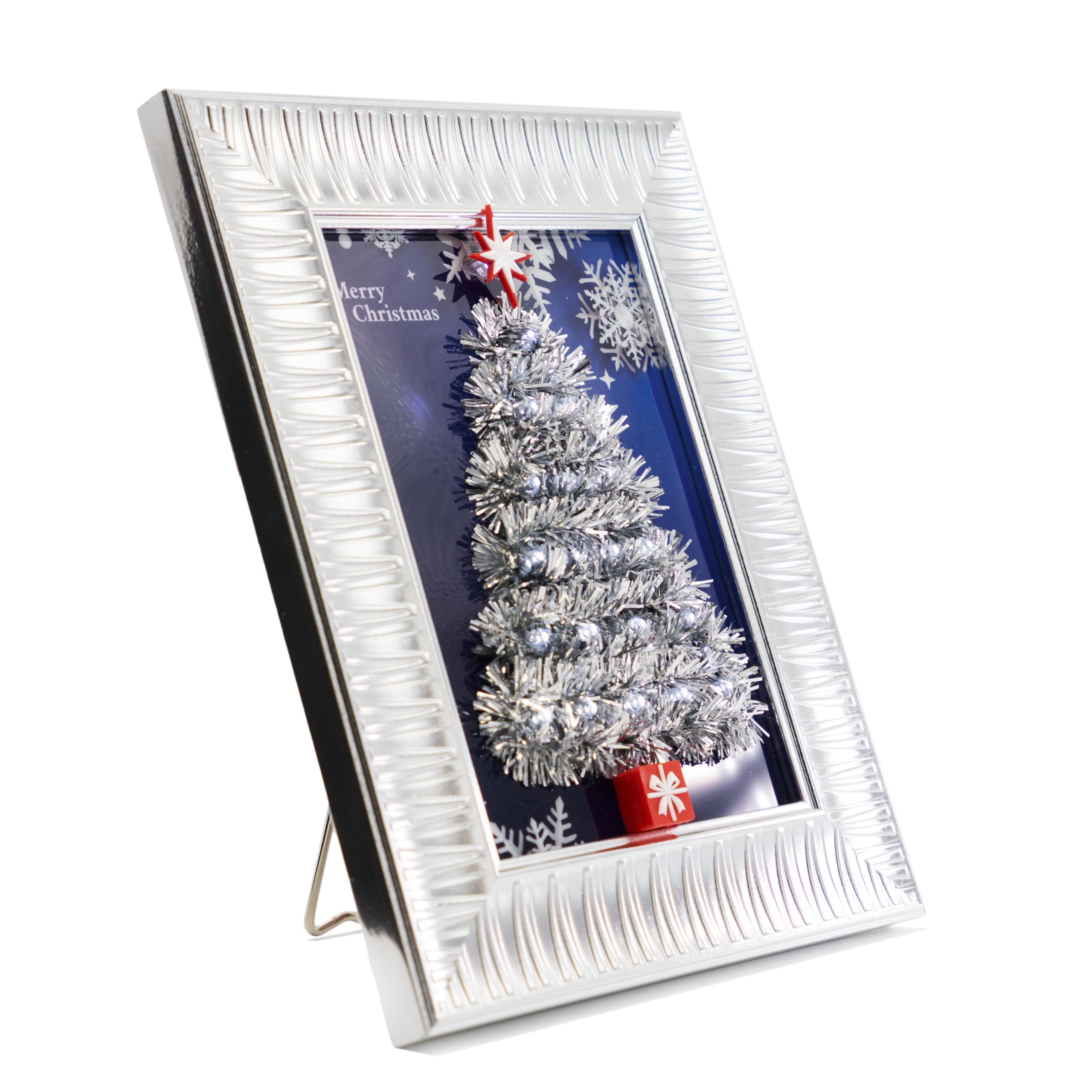 Tiny Christmas Table Top Tree 613 with LED Lights - Modern Lighted Decorations for Home Fireplace Mantle Shelf - Small Wall Hanging Timer Holiday Decor (Blue Background, Silver Frame, Silver Garland)