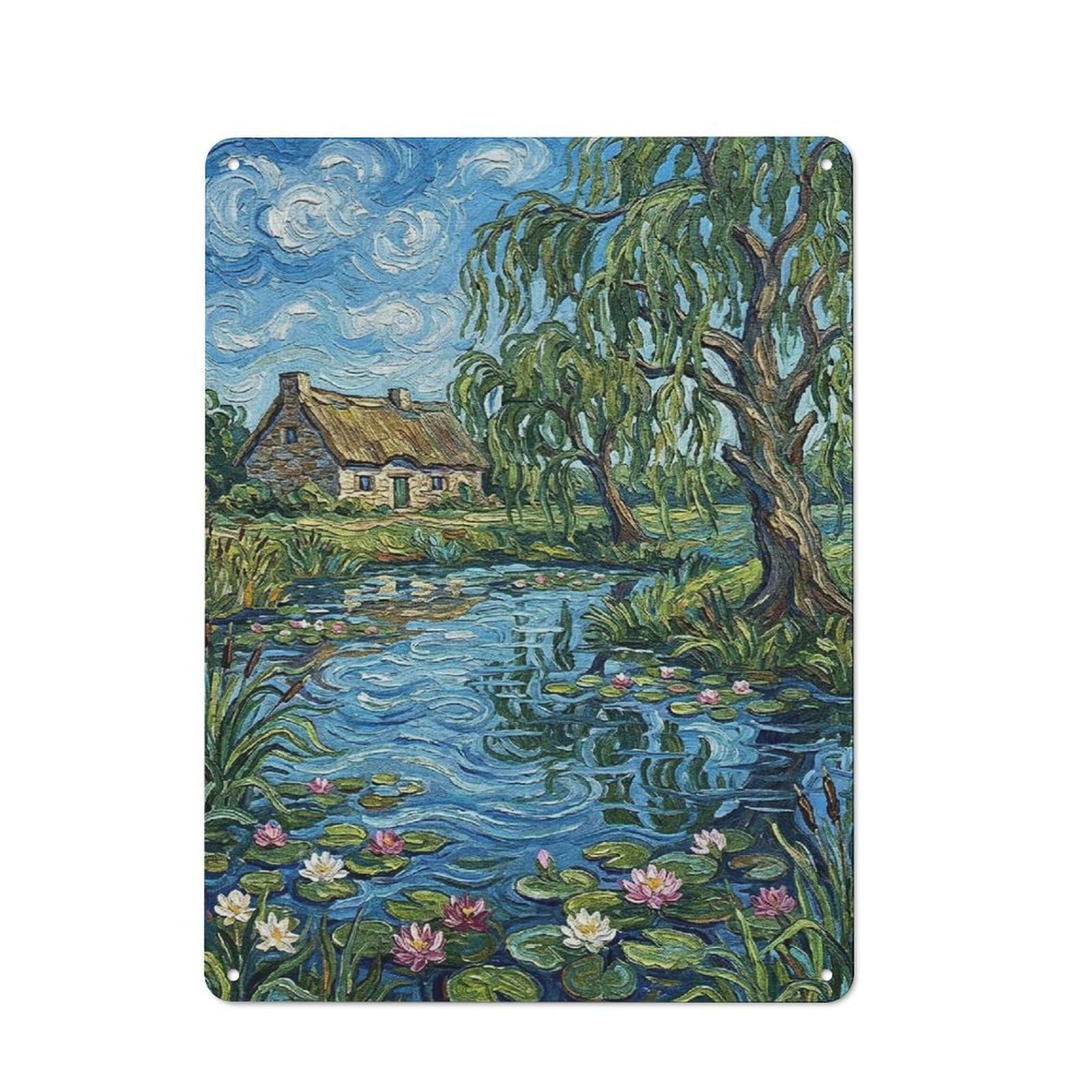 Junmoney Style-3 Rustic Impressionistic Cottage By Pond With Lilies Rustic Tin Sign 40X30cm, Porch Wall Decor For Greenhouse, Garden Room, Cafe Or Entryway