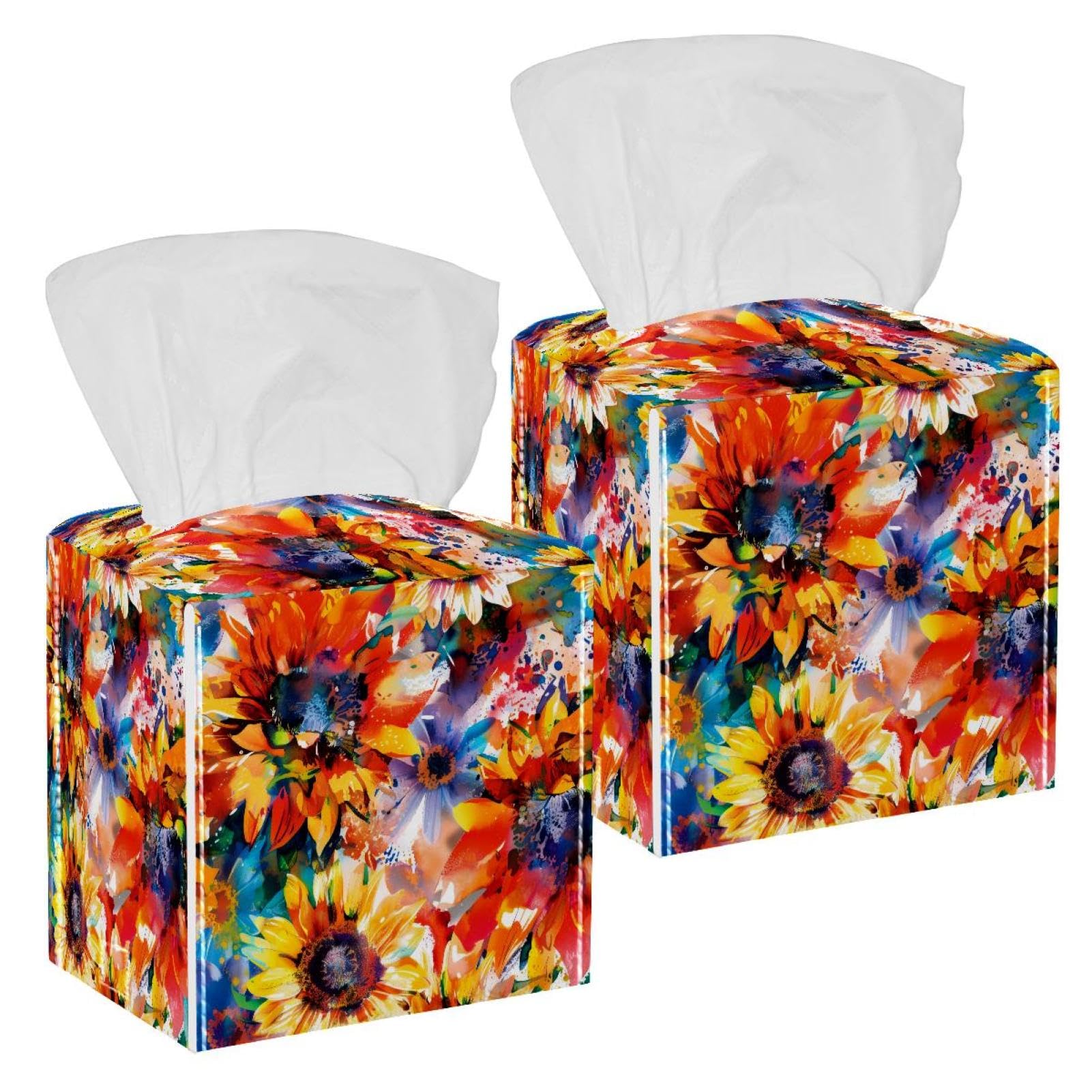 Watercolor Sunflower Tissue Box Cover, 2 Pack PU Leather Square Facial Tissue Dispenser Box holder for Home Office Car