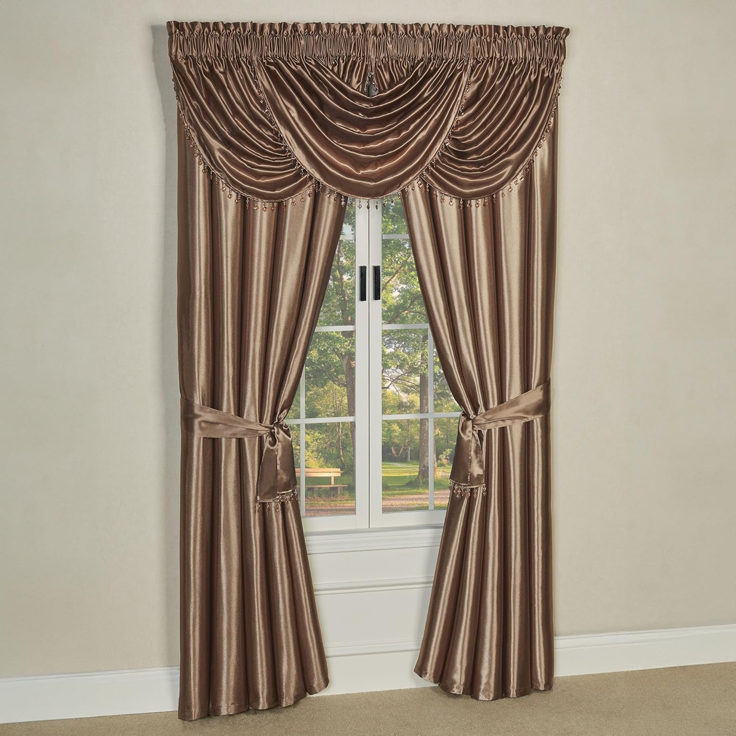 Touch of Class Portia Luxury Window Treatment | Rich Smoky Topaz | Premier Smooth Polyester Satin Elegant 4 Piece Window Drapery Set with 3 Waterfall Valances and 96 Inch Long Curtain Pair