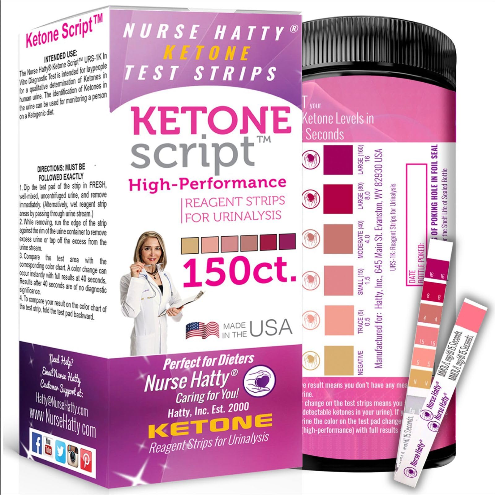 Nurse Hatty 150 - The ORIGINAL - Performance-tested - USA-made Ketone Test Strip w Built-in Color Chart – Free Keto eBook & App - Urine Test for Ketogenic, Ketosis, Low Carb, Atkins & Paleo Diets – XL