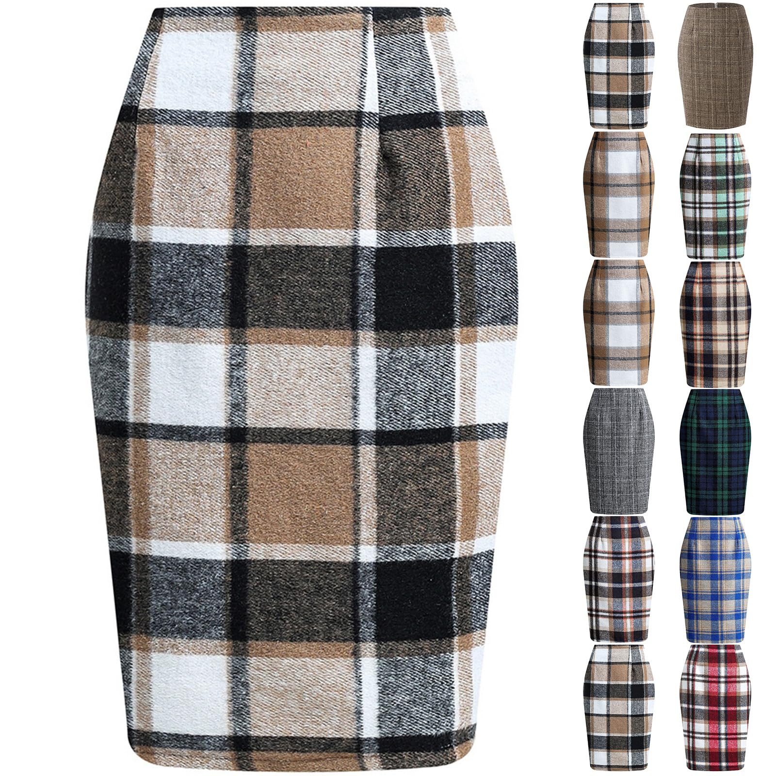 Plaid Skirts for Women Slim Fit High Waisted Midi Skirt Elegant Bodycon Business Office Work A Line Pencil