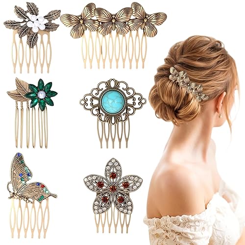 6pcs Vintage gold Hair Side Combs Butterfly Flower Leaf Pearl