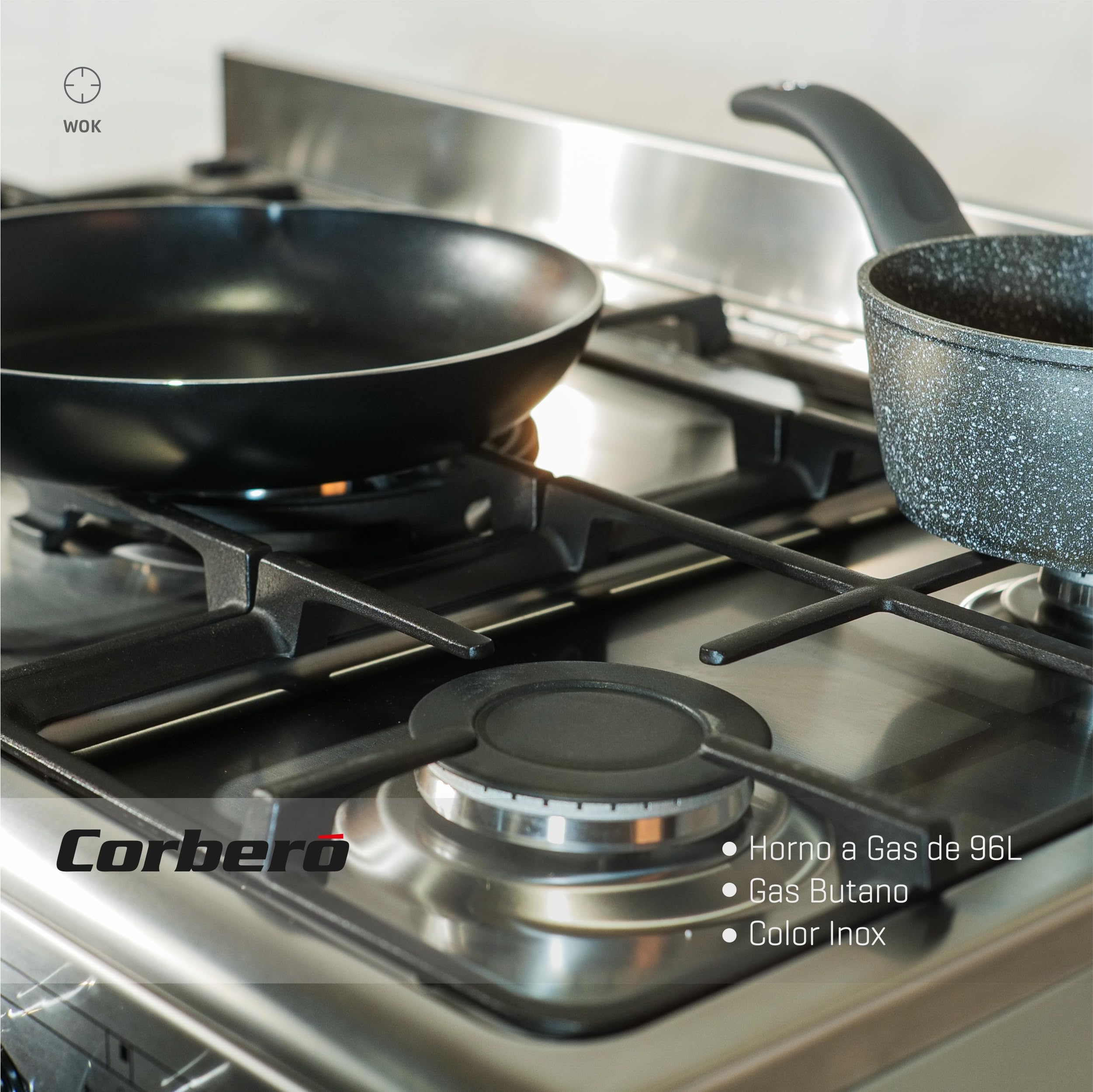 Corberó - Cocina de Gas Butano | CC900X | Horno 96L Panorámico | 5 Fuegos con Opción Wok | Autoencendido Integrado | Fácil Limpieza | Sin Tapa | Inox
