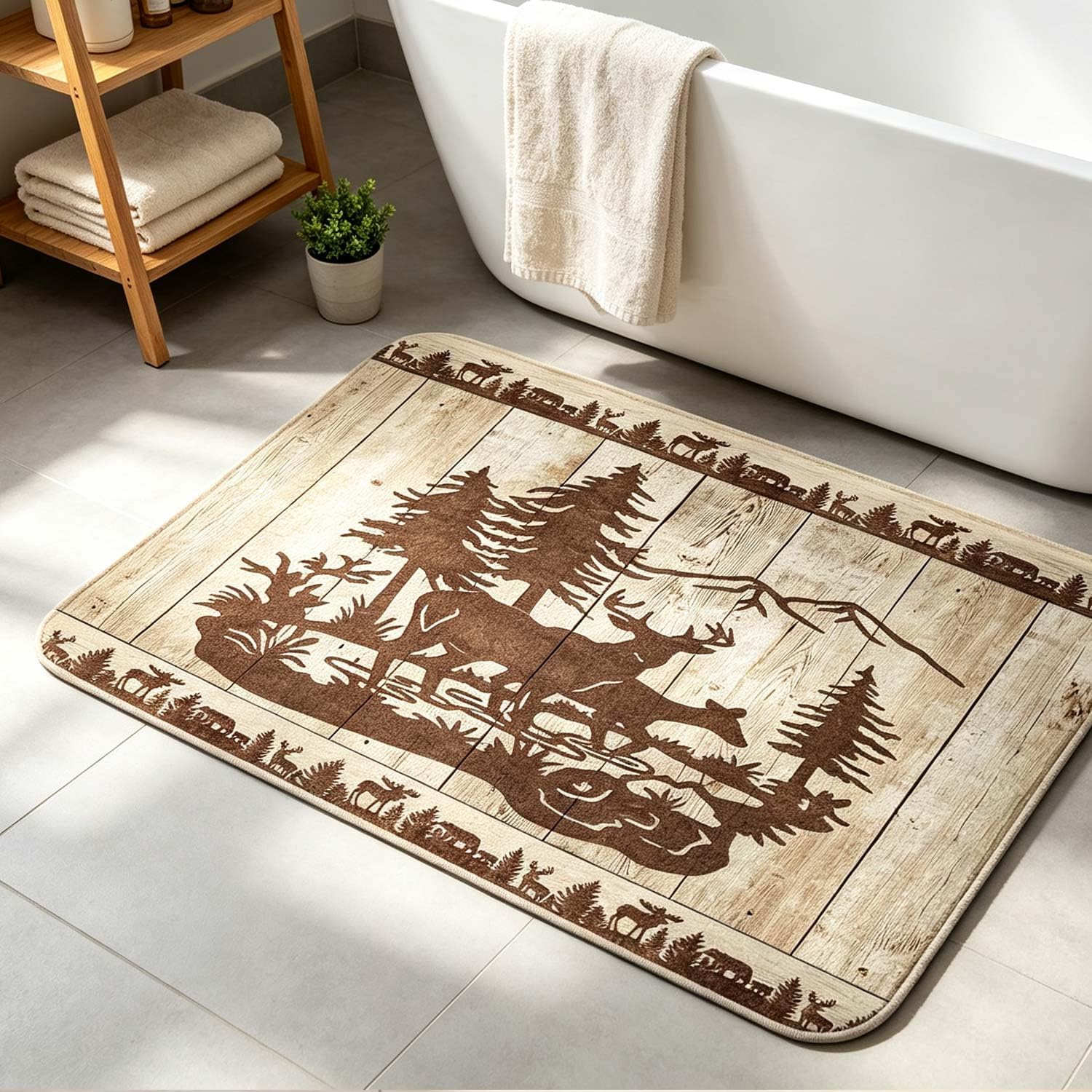 Rustic Cabin Deer Bath Mat 17x29 Inch, Vintage Wooden Plank Deer Elk Pine Tree Mountain Wildlife Silhouette Non Slip Bathroom Rug, Farmhouse Lodge Woodland Animal Floor Mat for Kitchen Bedroom