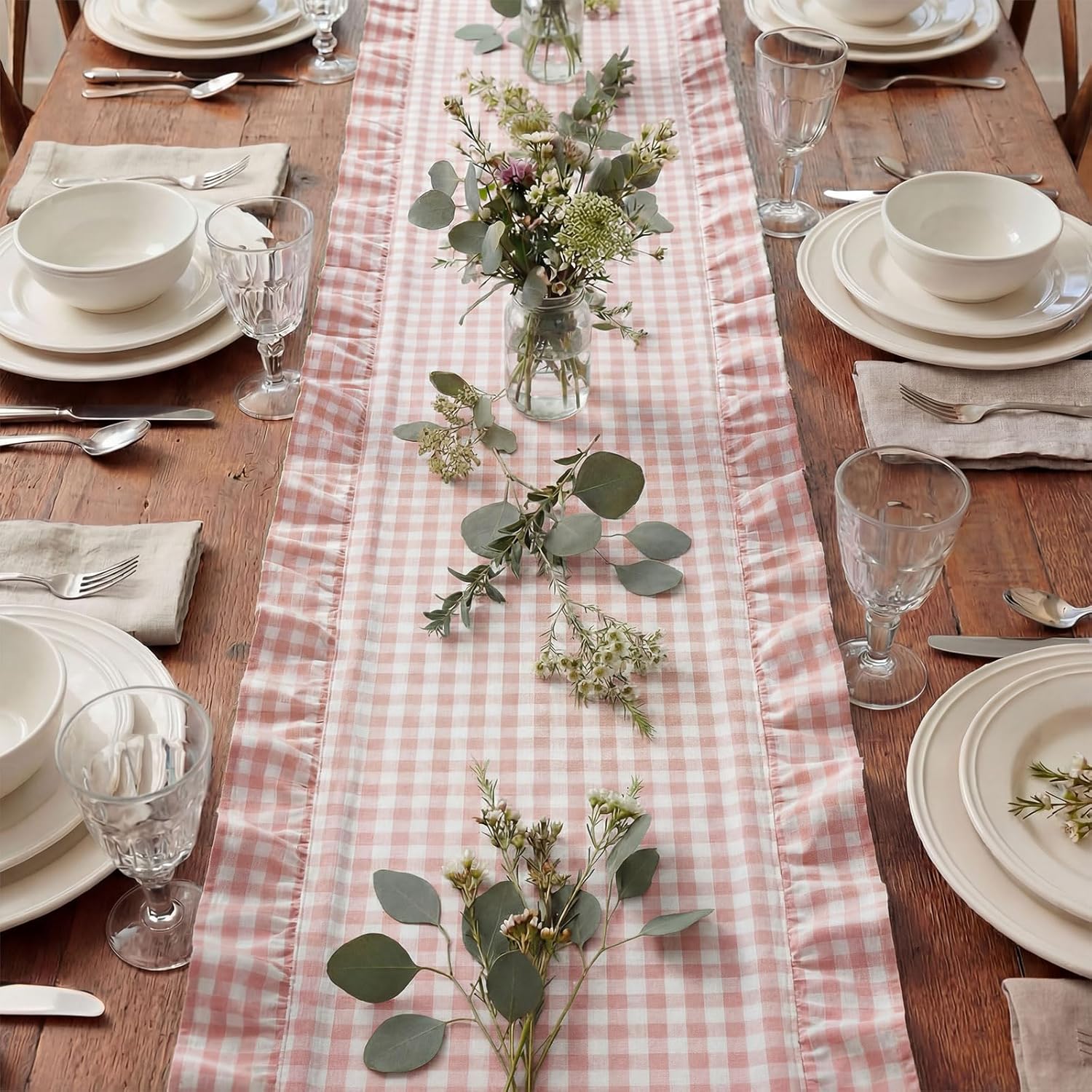 HunnmingRe 1 Pcs Light Pink Plaid Gingham Ruffle Table Runner 72 x 13.8'' Farmhouse Table Runner 100% Cotton Scalloped Long Dresser Scarves for Mothers Day, Dining Room, Wedding, Rustic Home Decor