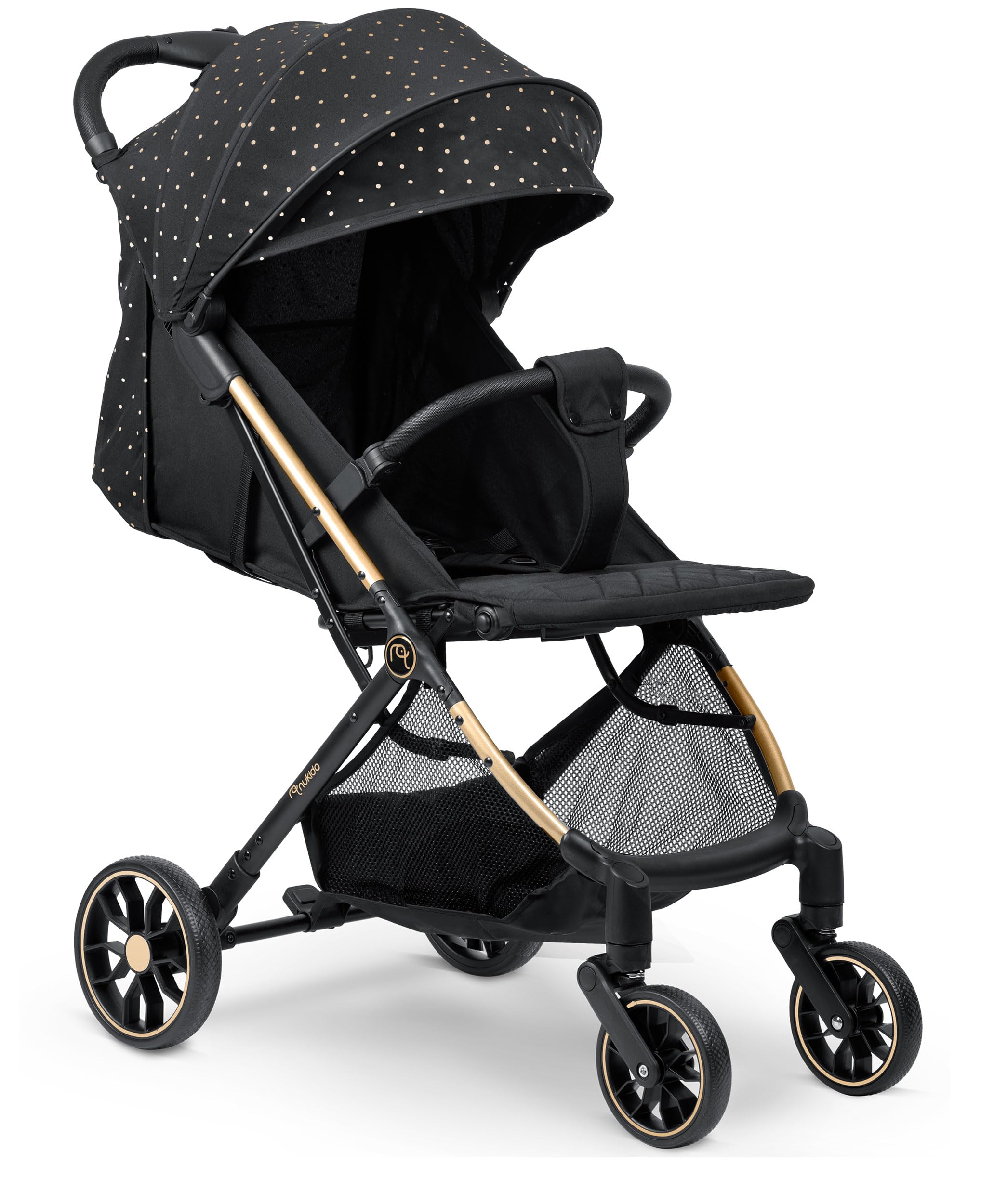 Nukido Silla De Paseo para Bebé con Bolsa De Transporte 0-36 Meses 0-15 kg Plegado Automático En 2 Segundos Ruedas De 360° con Amortiguación Grandes Ruedas Todoterreno Negro Oro Paseo