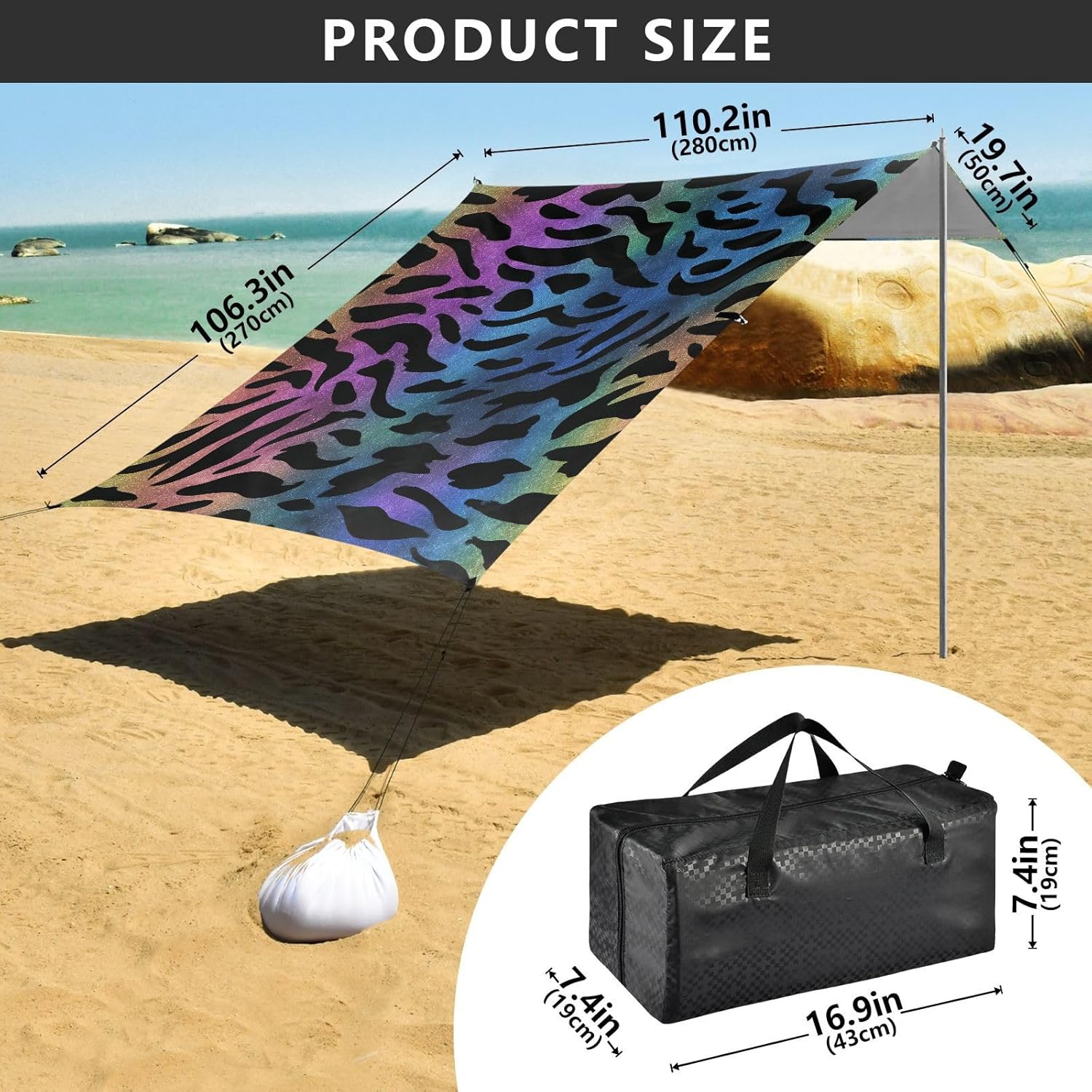 ALAZA Rainbow Leopard Print Cheetah Beach Tent Sun Shelter UPF50+ Protection Beach Shade Canopy w/ 4 Sandbags for Outdoor Camping, Fishing, Backyard Fun, Picnic, 10x9 ft