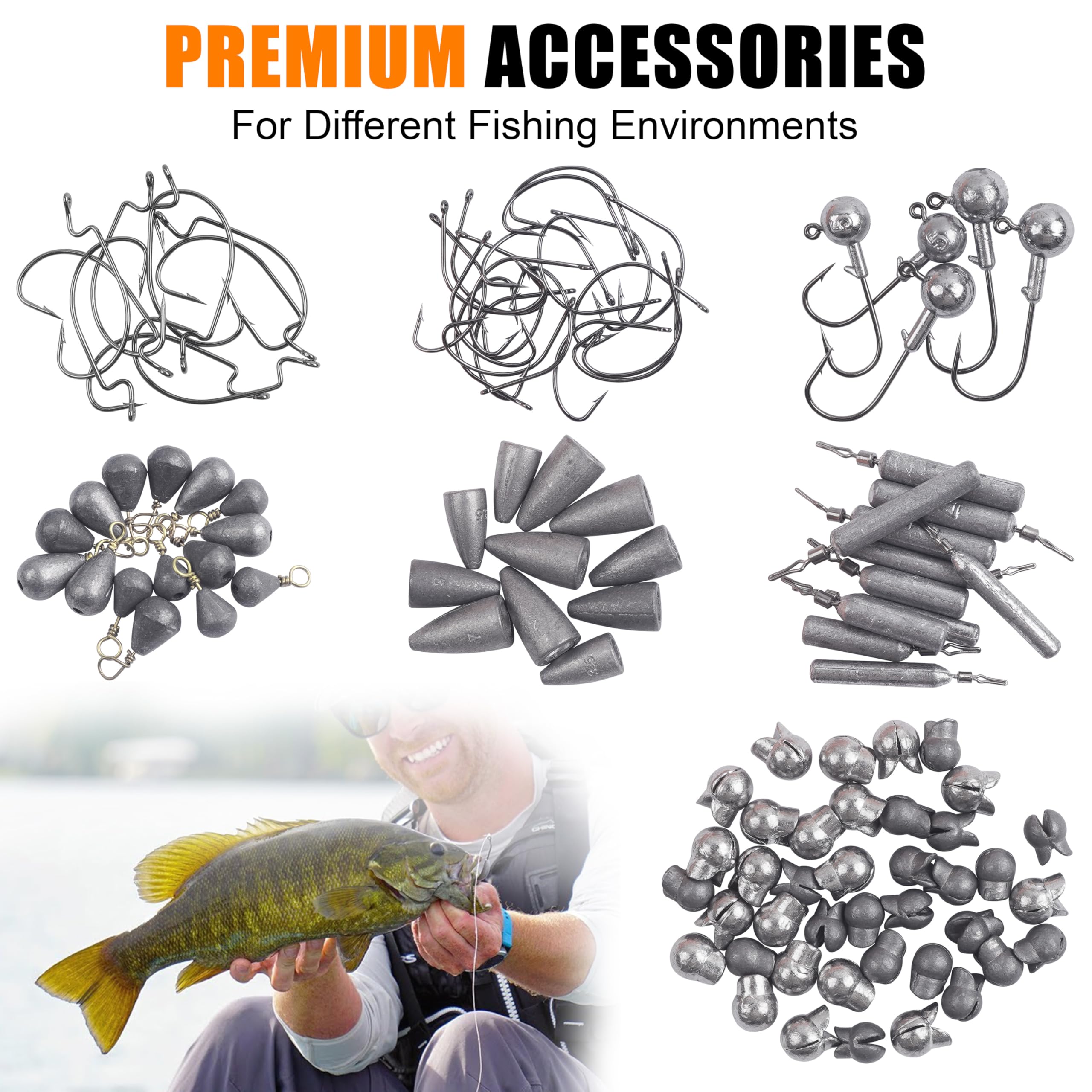 Kit d'accessoires de pêche 345 pièces, boîte de matériel de pêche avec tête plombée, hameçons, plombs, émerillons, perles, équipement de pêche pour bar, truite, eau salée et eau douce