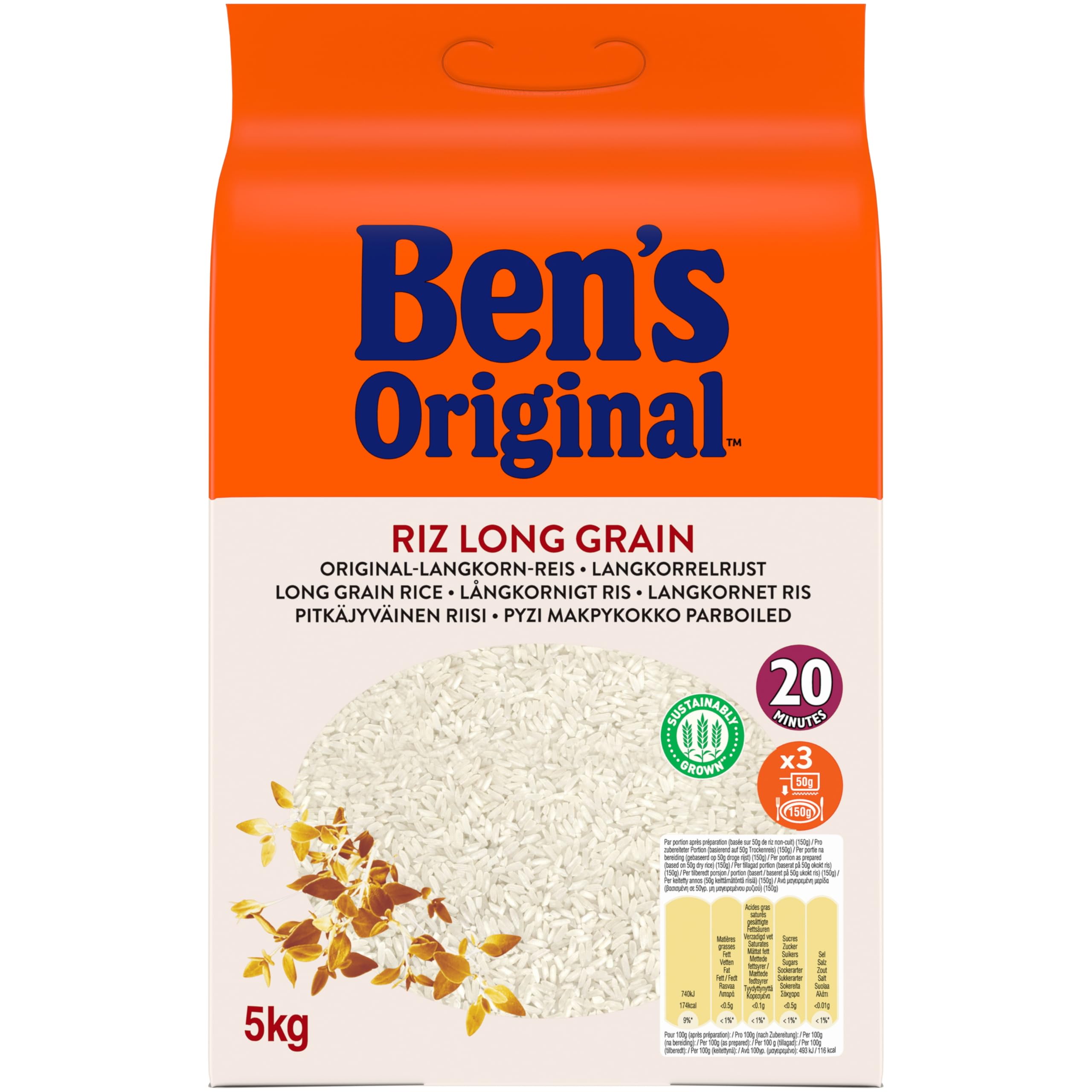 Ben's Original Arroz suelto en 20 minutos, arroz de grano largo original, 5 kg, 100 porciones